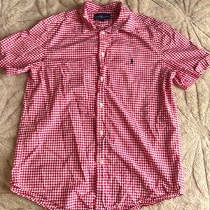 Plaid Red & White Collar Shirt Navy Blue Horse Polo Ralph Lauren XL (18-20)
